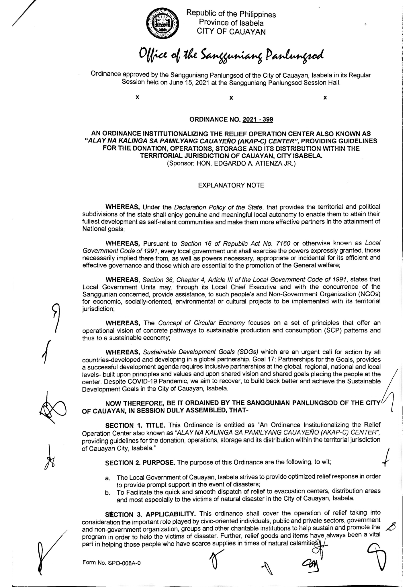 ORDINANCE NO. 2021 – 399 AN ORDINANCE INSTITUTIONALIZING THE RELIEF ...